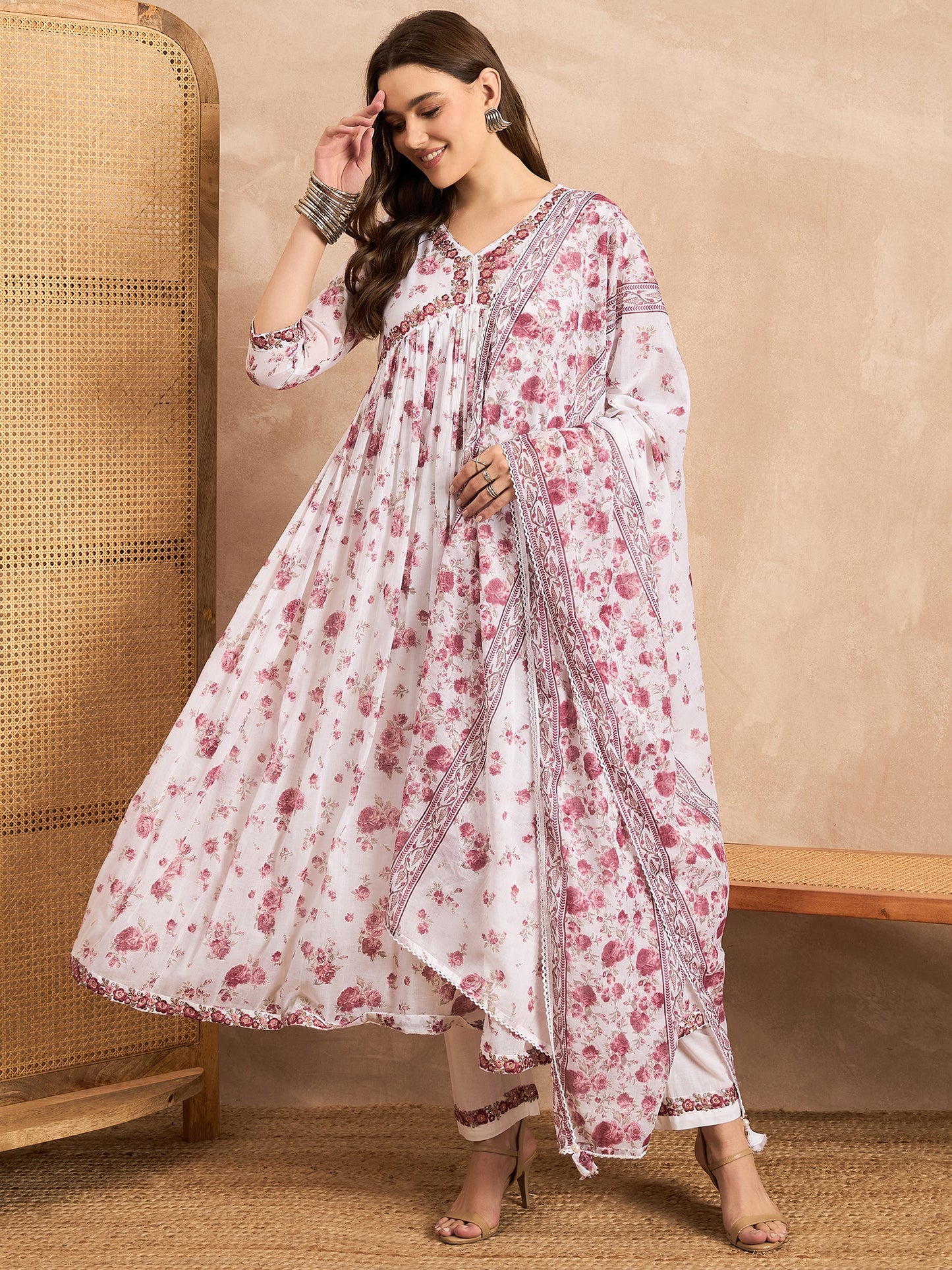 Floral Printed Empire Sequinned Anarkali Kurta with Trousers & Dupatta