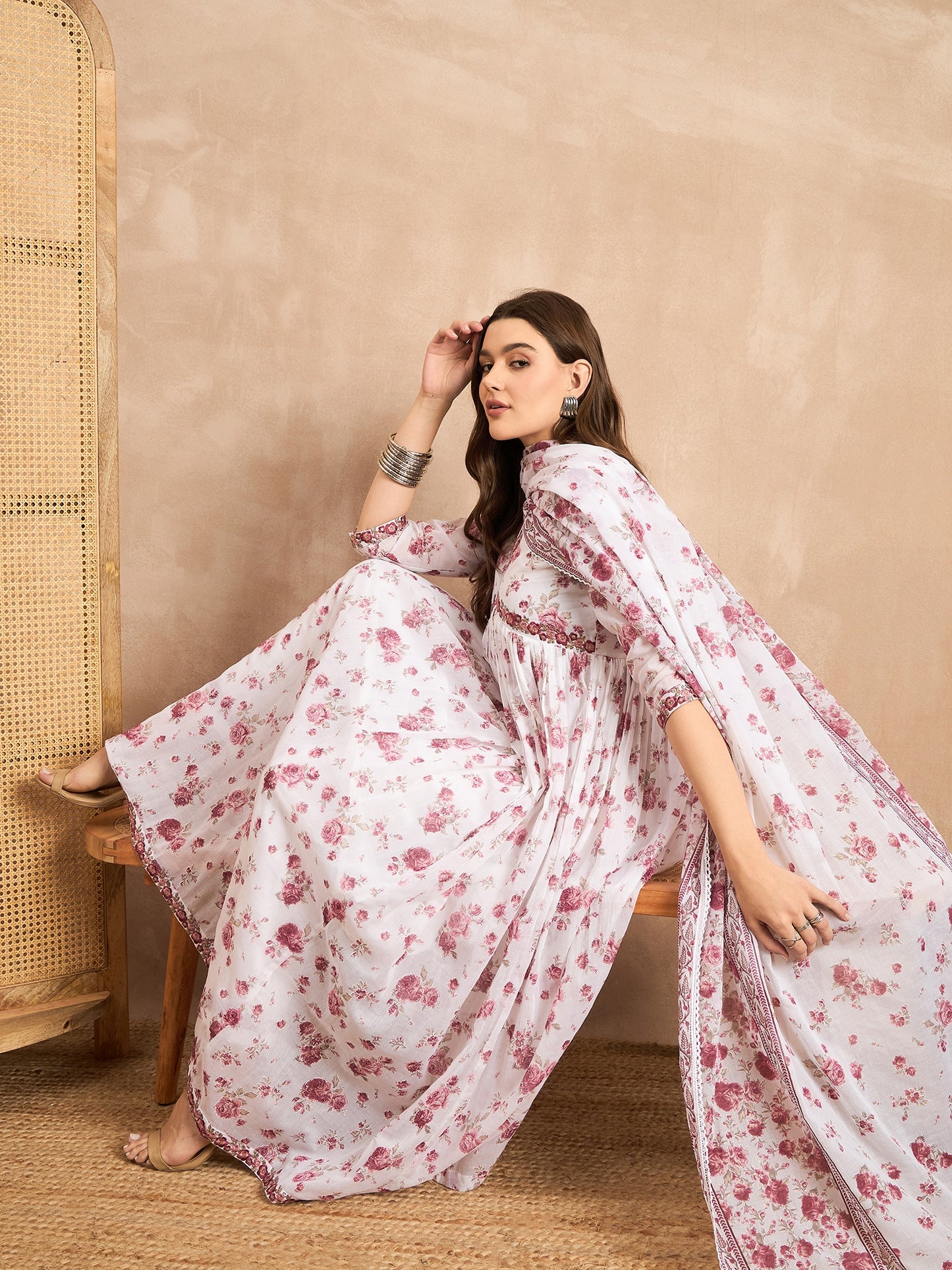 Floral Printed Empire Sequinned Anarkali Kurta with Trousers & Dupatta
