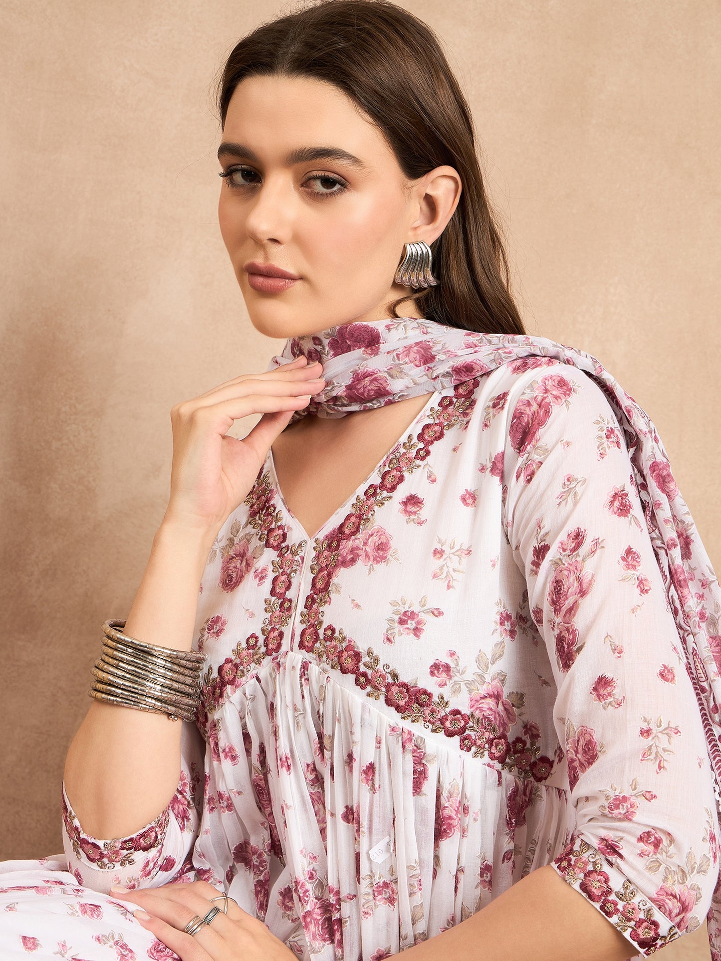 Floral Printed Empire Sequinned Anarkali Kurta with Trousers & Dupatta