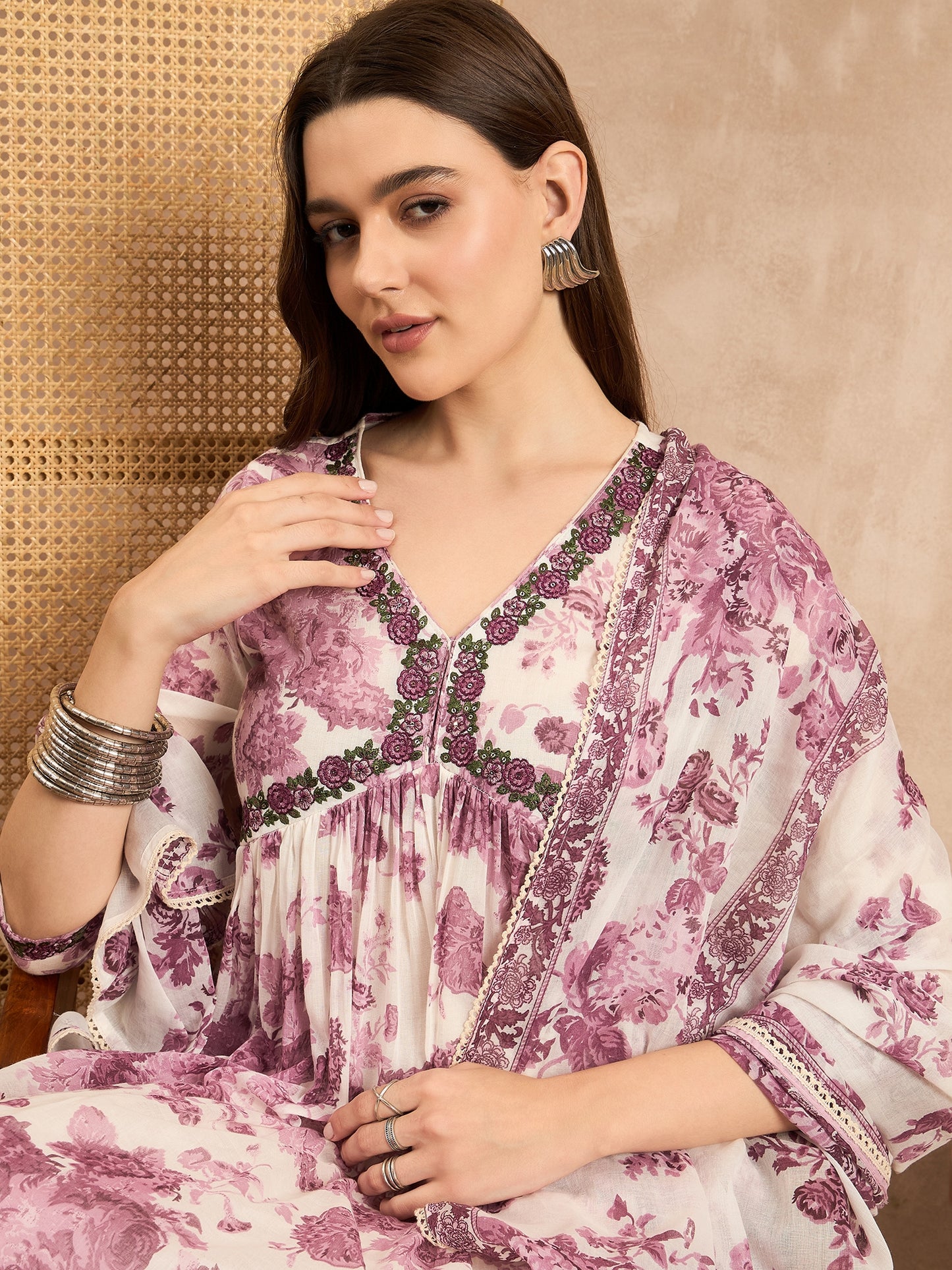 Floral Printed Empire Sequinned Anarkali Kurta with Trousers & Dupatta