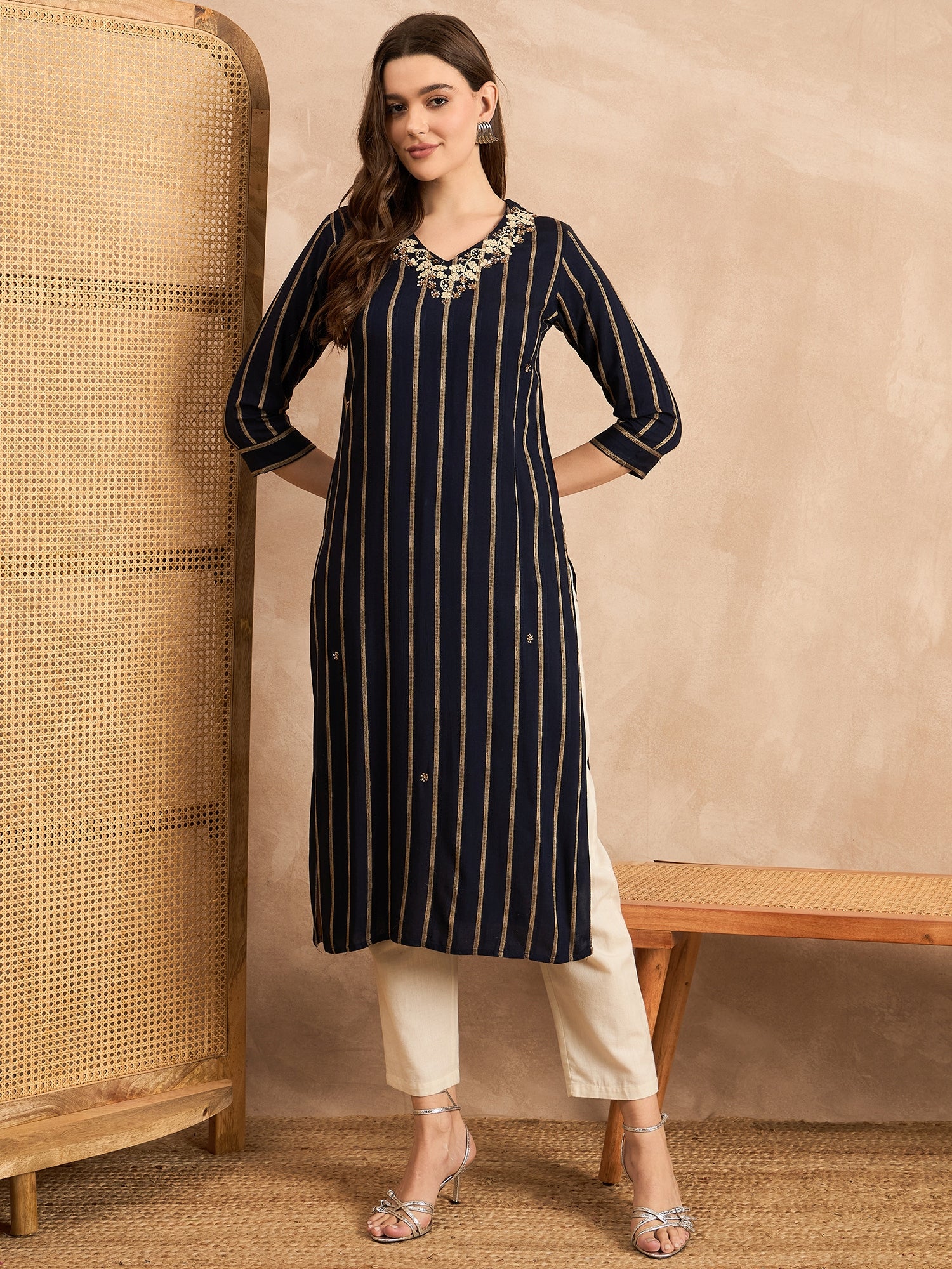 Striped V-Neck Thread Work Straight Kurta