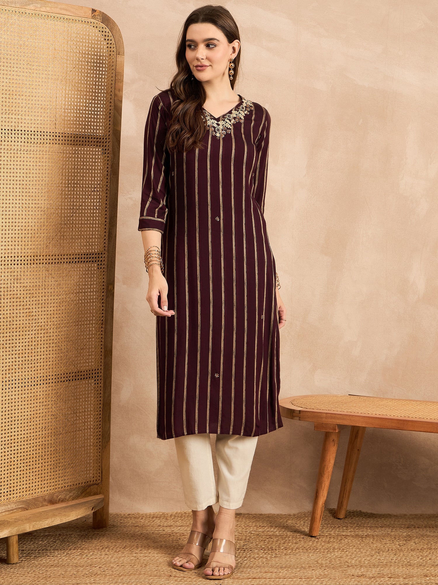 Striped V-Neck Thread Work Straight Kurta