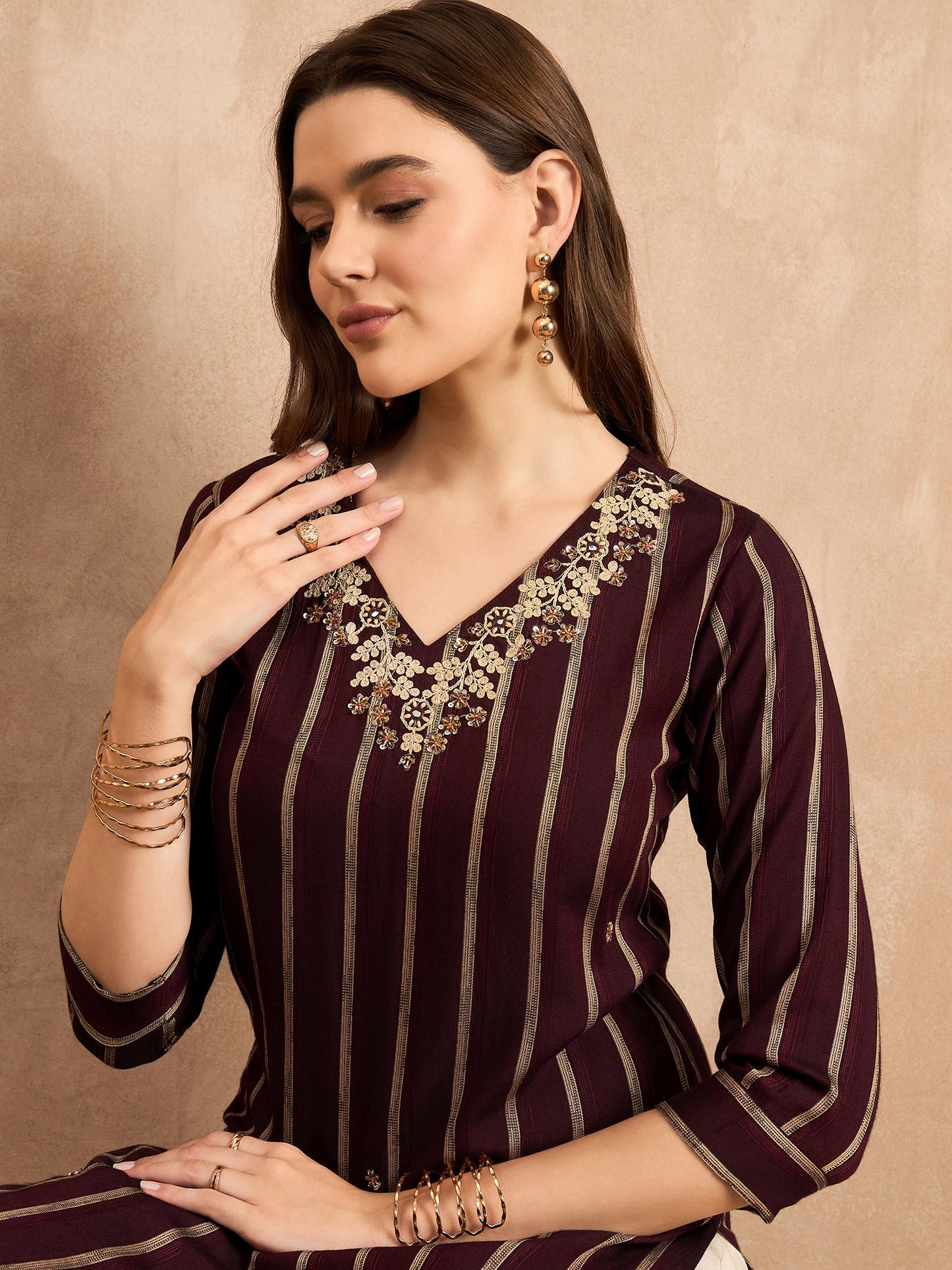 Striped V-Neck Thread Work Straight Kurta