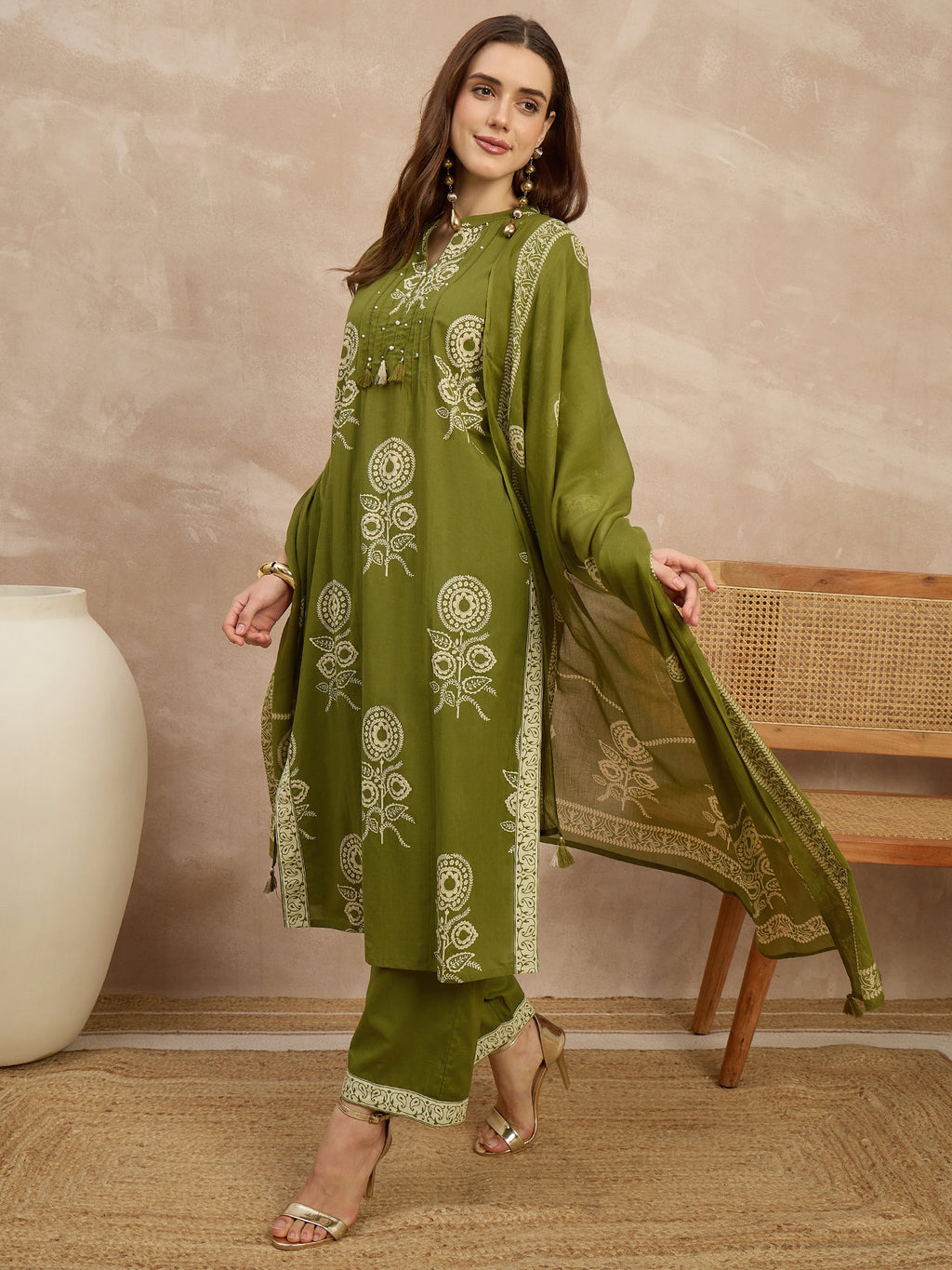 Women Ethnic Motifs Printed Regular Pure Cotton Kurta with Trousers & With Dupatta