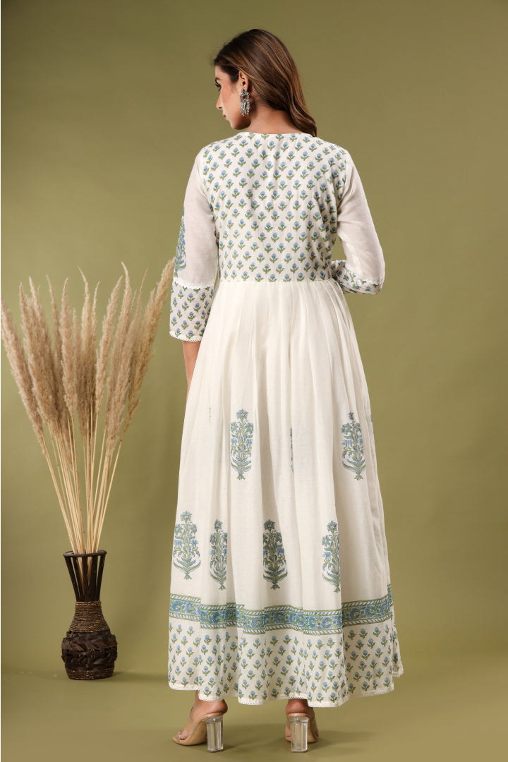 Huda White Hand Block Kurta Set