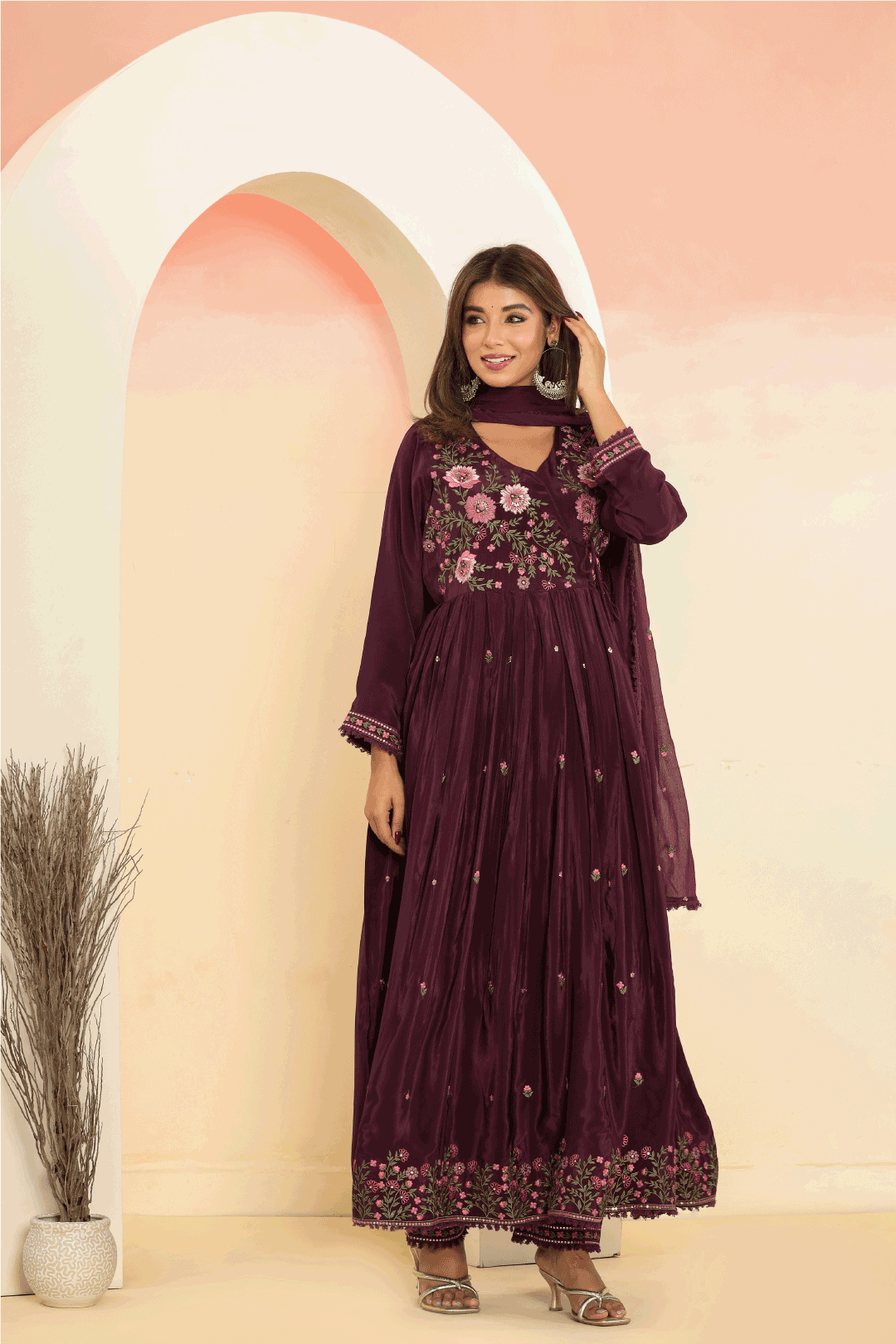 WINE EMBROIDERED KURTA SET