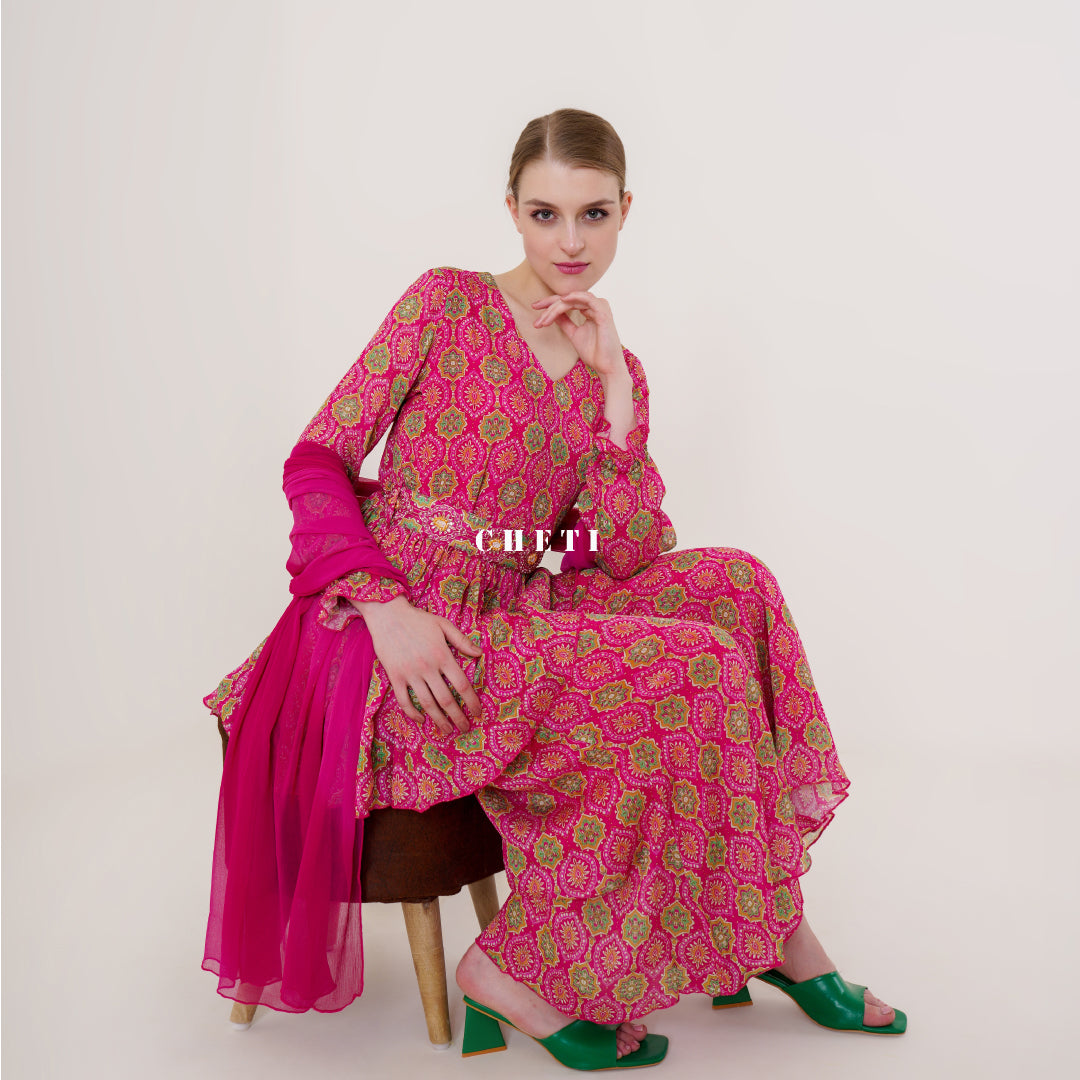 Red Printed Chiffon Kurta & Sharara Set