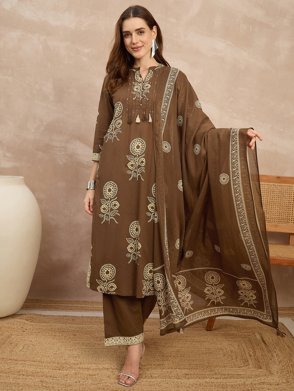 Women Ethnic Motifs Printed Regular Pure Cotton Kurta with Trousers & With Dupatta
