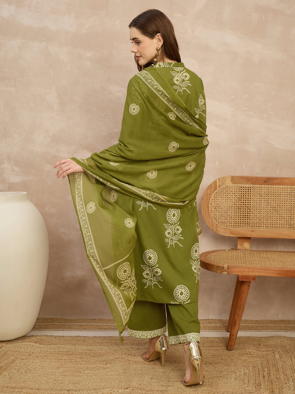 Women Ethnic Motifs Printed Regular Pure Cotton Kurta with Trousers & With Dupatta