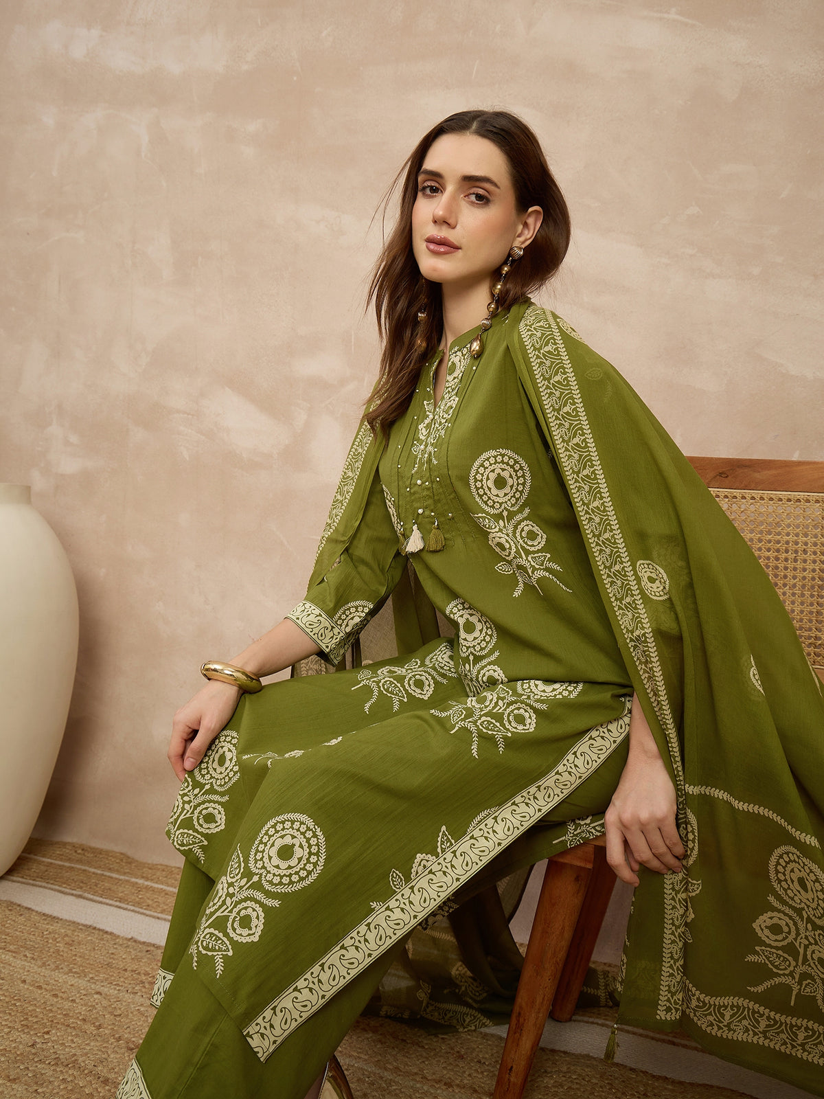 Women Ethnic Motifs Printed Regular Pure Cotton Kurta with Trousers & With Dupatta