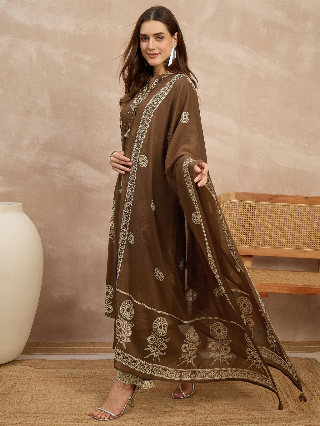 Women Ethnic Motifs Printed Regular Pure Cotton Kurta with Trousers & With Dupatta