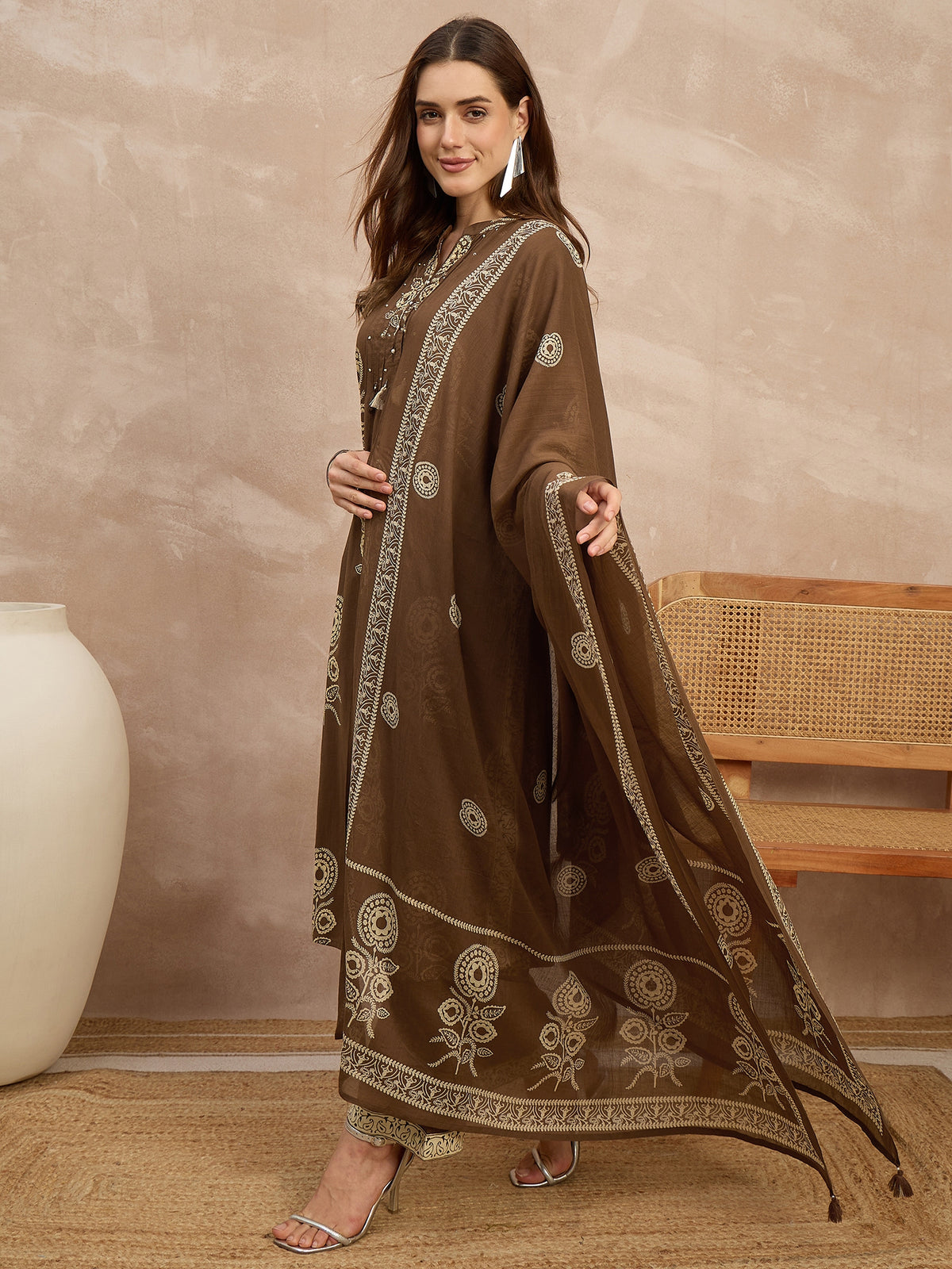 Women Ethnic Motifs Printed Regular Pure Cotton Kurta with Trousers & With Dupatta