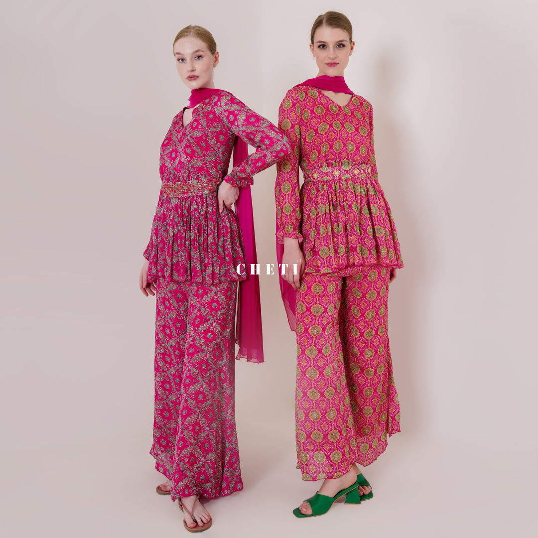 Red Printed Chiffon Kurta & Sharara Set