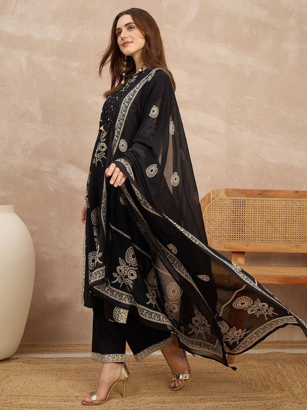 Women Ethnic Motifs Embroidered Regular Thread Work Pure Cotton Kurta with Palazzos & With Dupatta