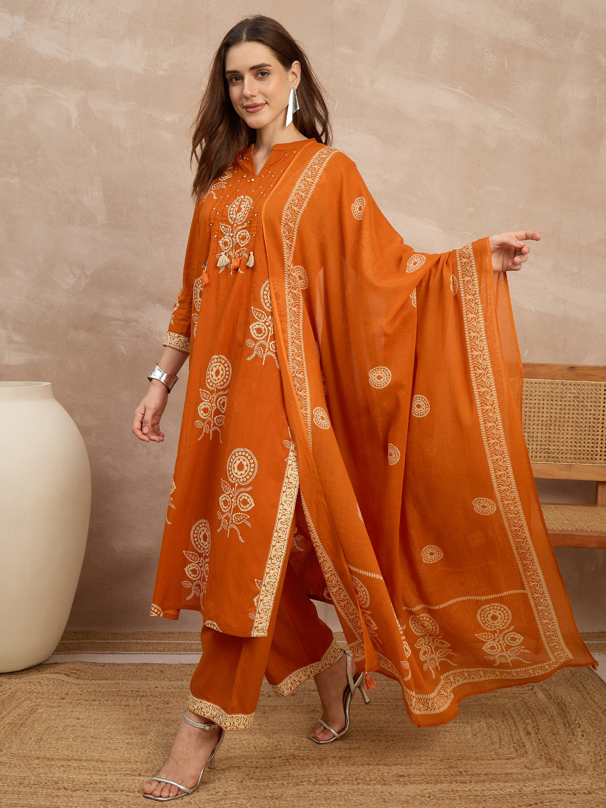 Women Ethnic Motifs Printed Regular Pure Cotton Kurta with Trousers & With Dupatta