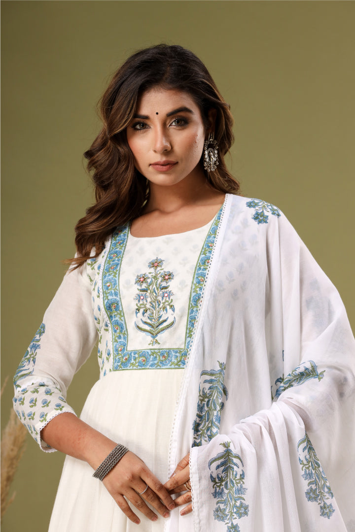 Huda White Hand Block Kurta Set