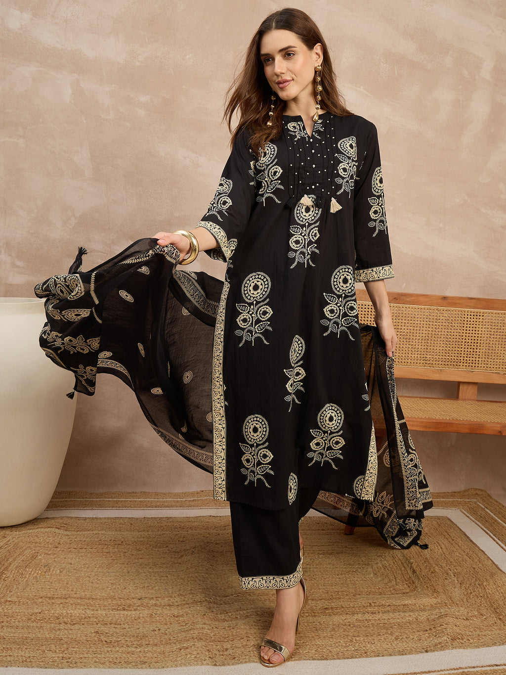 Women Ethnic Motifs Embroidered Regular Thread Work Pure Cotton Kurta with Palazzos & With Dupatta