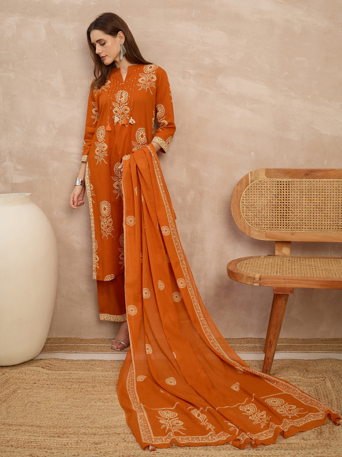 Women Ethnic Motifs Printed Regular Pure Cotton Kurta with Trousers & With Dupatta