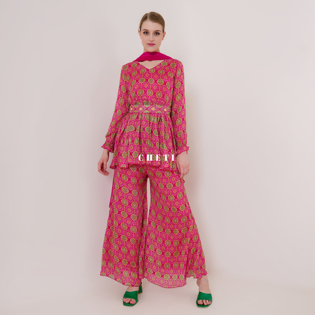 Red Printed Chiffon Kurta & Sharara Set