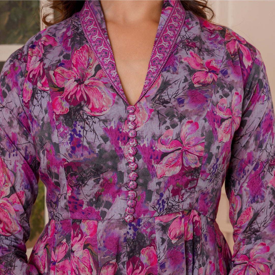 Lilac Shawl Collar Dress With Dupatta