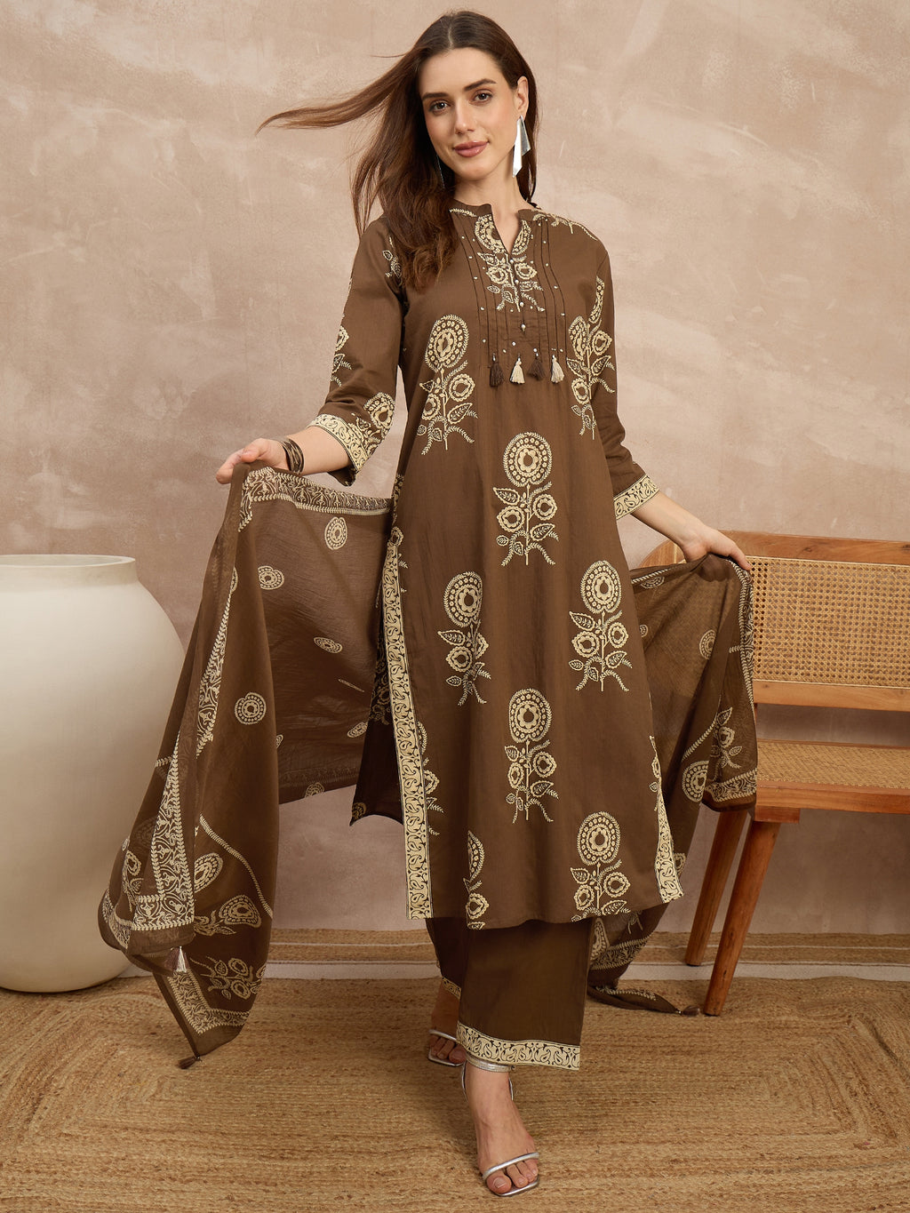 Women Ethnic Motifs Printed Regular Pure Cotton Kurta with Trousers & With Dupatta