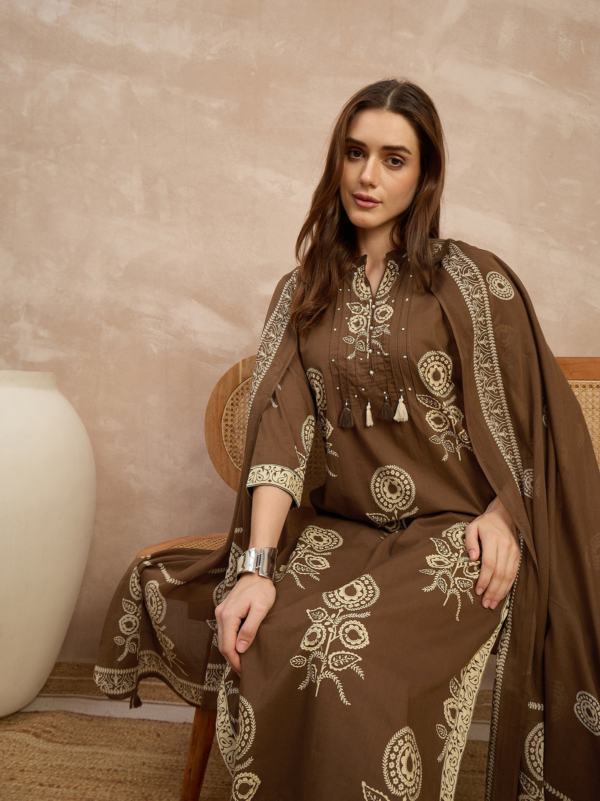 Women Ethnic Motifs Printed Regular Pure Cotton Kurta with Trousers & With Dupatta