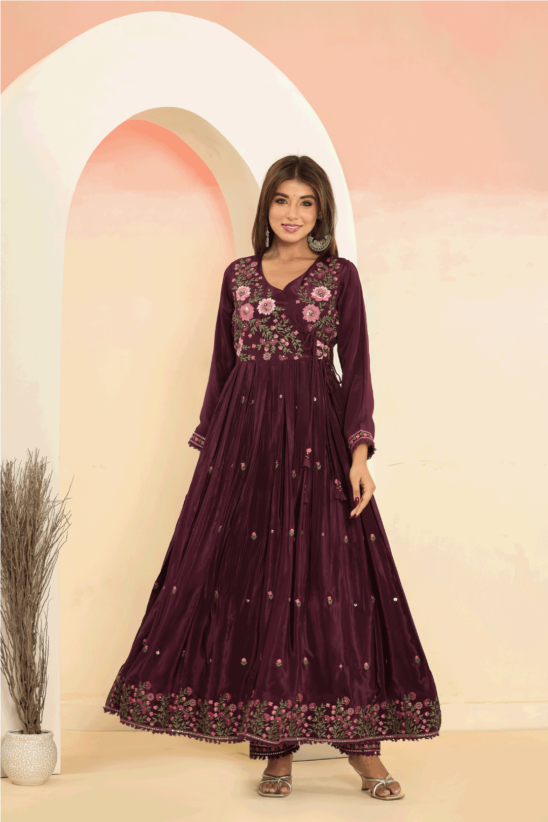 WINE EMBROIDERED KURTA SET