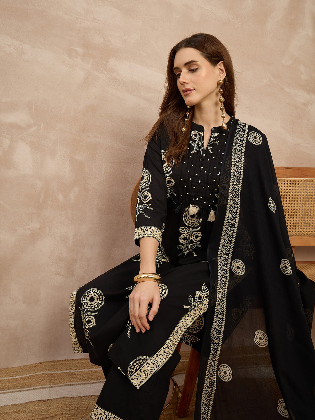 Women Ethnic Motifs Embroidered Regular Thread Work Pure Cotton Kurta with Palazzos & With Dupatta