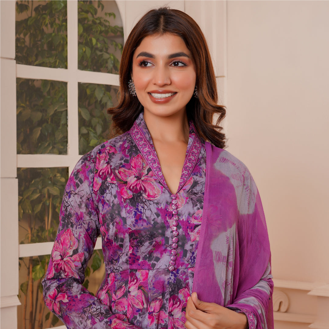 Lilac Shawl Collar Dress With Dupatta