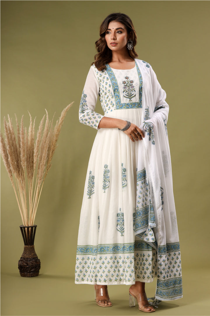 Huda White Hand Block Kurta Set