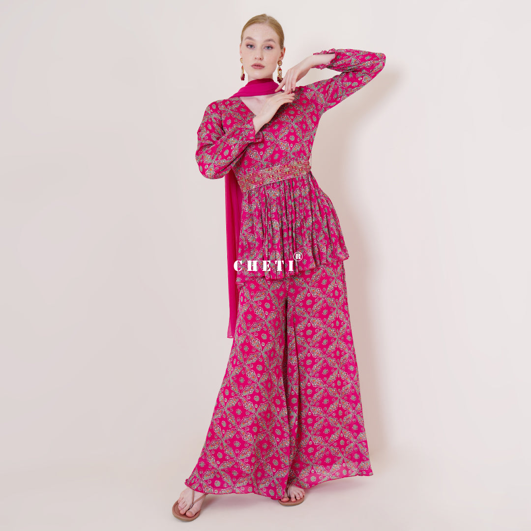 Pink Printed Chiffon Kurta & Sharara Set