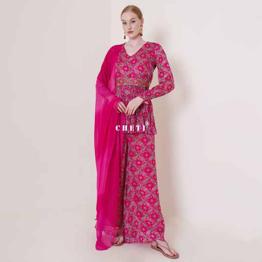 Pink Printed Chiffon Kurta & Sharara Set