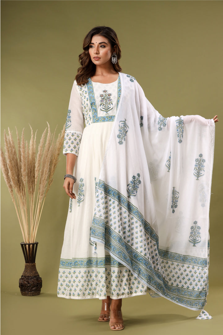 Huda White Hand Block Kurta Set