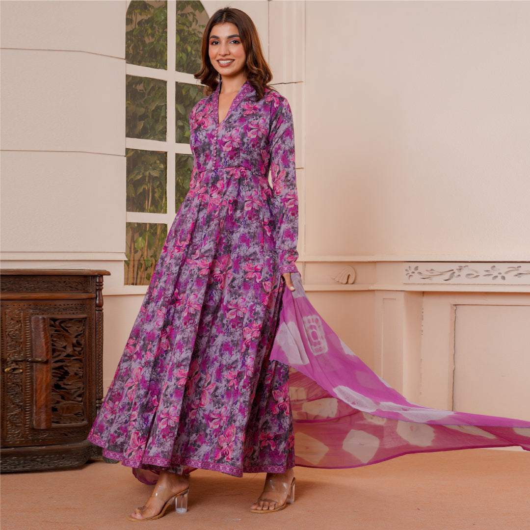 Lilac Shawl Collar Dress With Dupatta