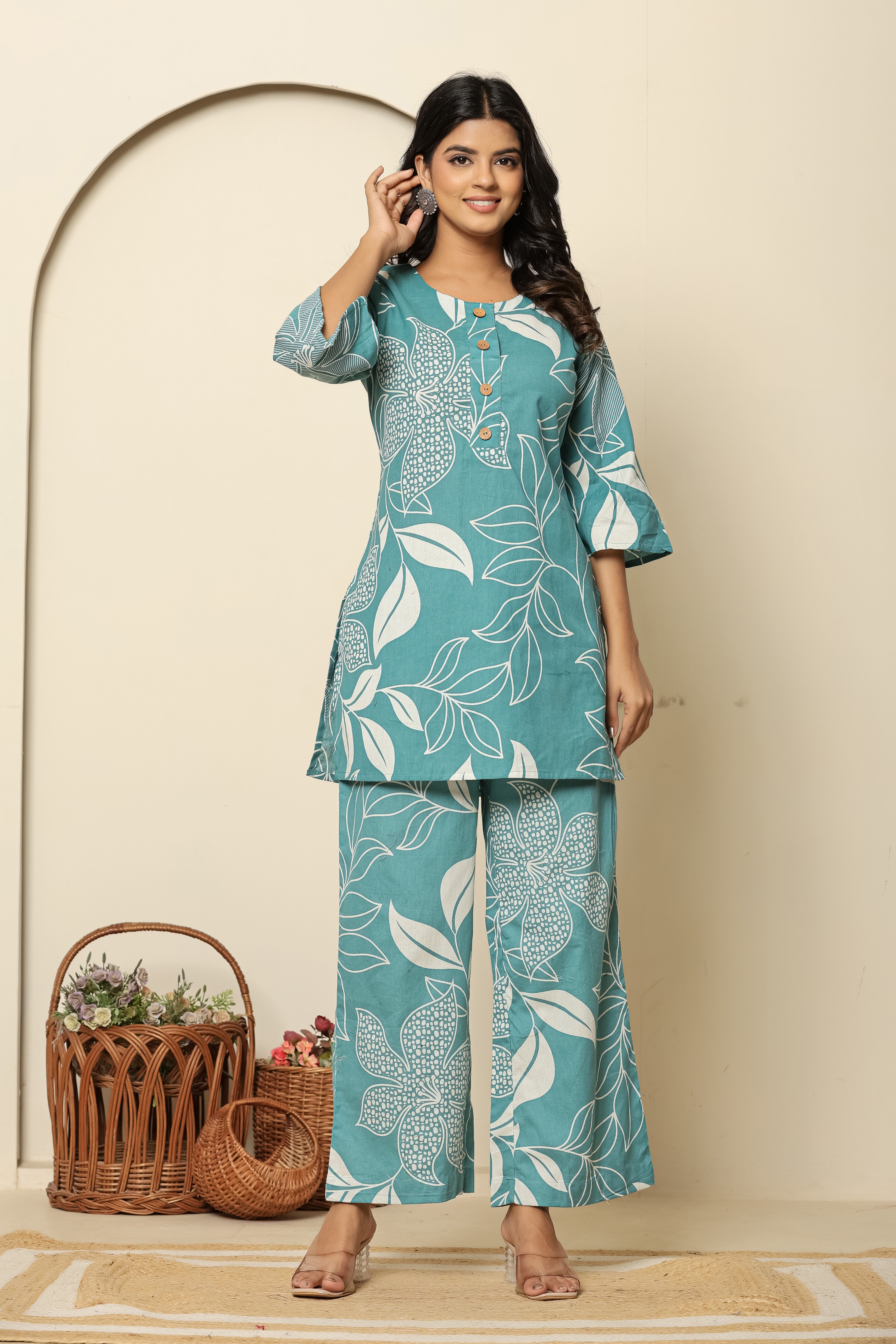Floral Printed Tunic With Trousers Co-Ords