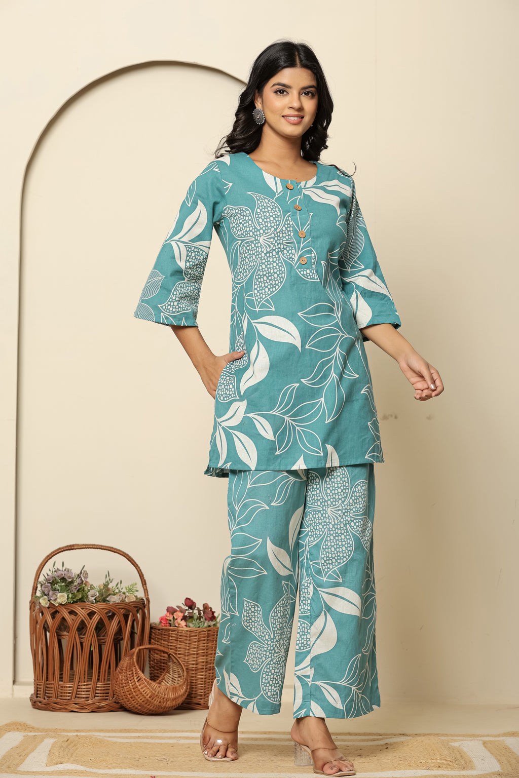 Floral Printed Tunic With Trousers Co-Ords