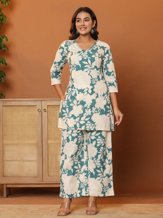 Printed Pure Cotton Tunic with Palazzos