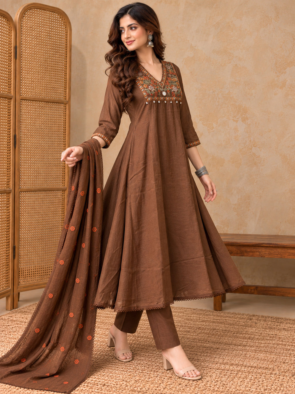 Women Ethnic Motifs Embroidered Angrakha Thread Work Kurta with Trousers & With Dupatta