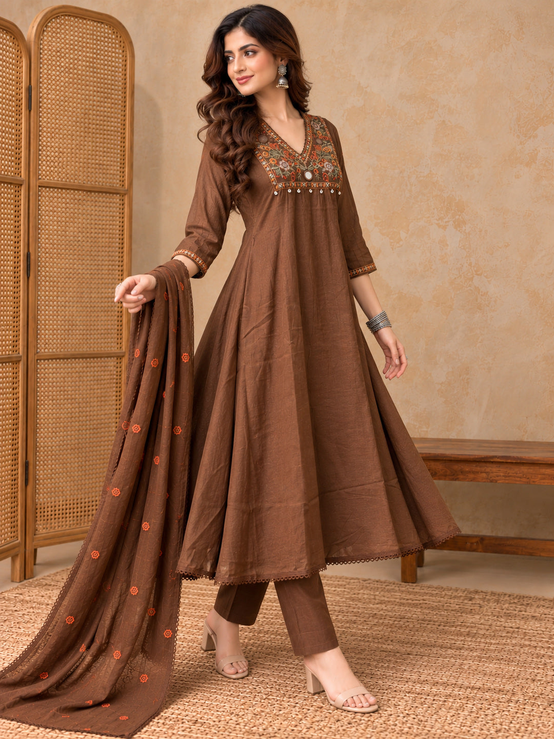 Women Ethnic Motifs Embroidered Angrakha Thread Work Kurta with Trousers & With Dupatta
