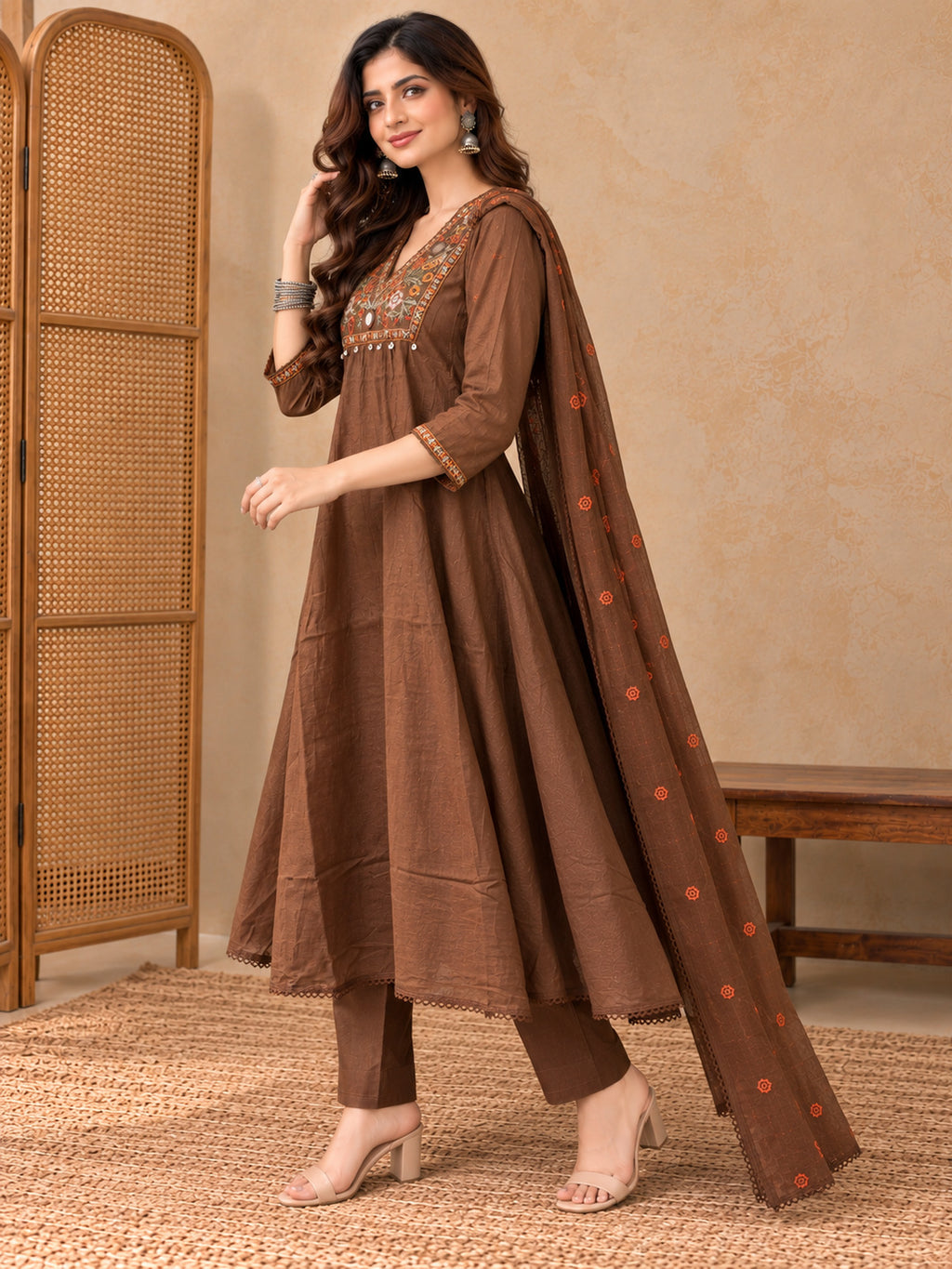 Women Ethnic Motifs Embroidered Angrakha Thread Work Kurta with Trousers & With Dupatta