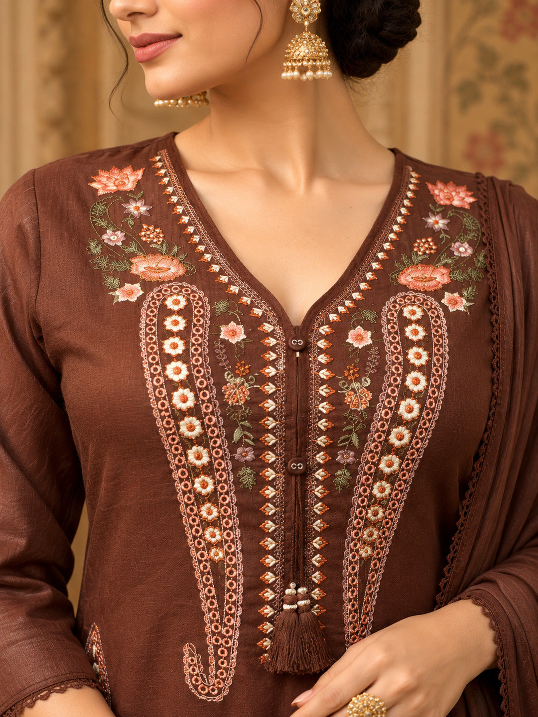 Women Ethnic Motifs Embroidered Regular Thread Work Kurta with Trousers & With Dupatta