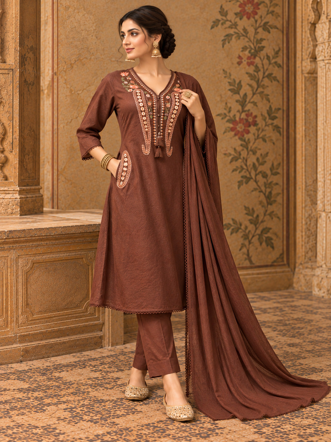 Women Ethnic Motifs Embroidered Regular Thread Work Kurta with Trousers & With Dupatta