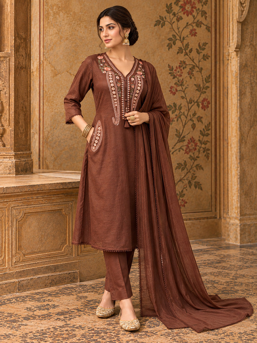 Women Ethnic Motifs Embroidered Regular Thread Work Kurta with Trousers & With Dupatta