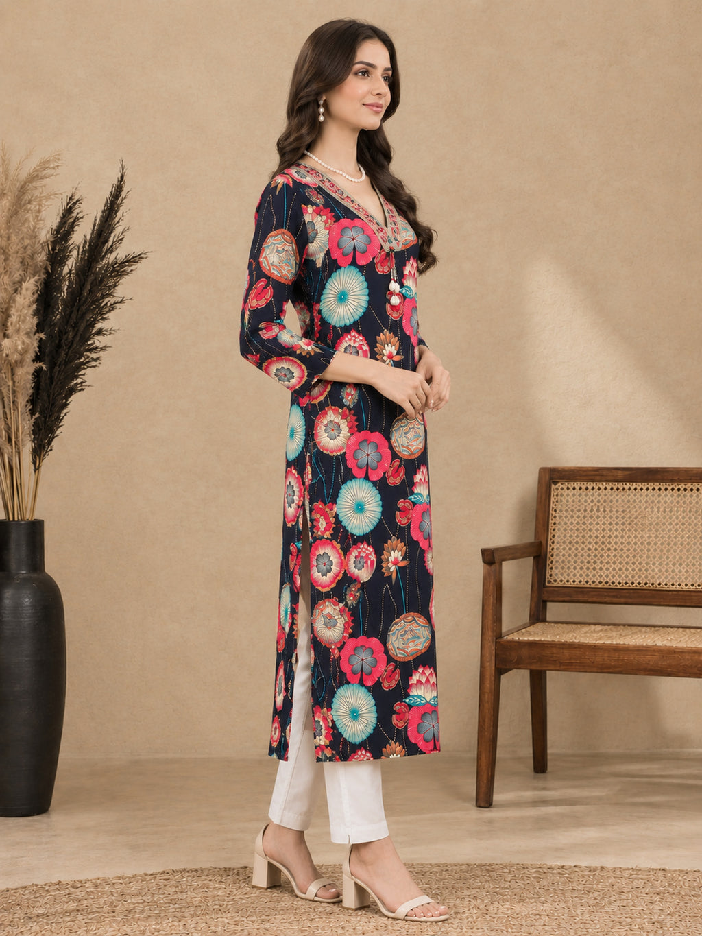 Floral Printed V-Neck Kurti