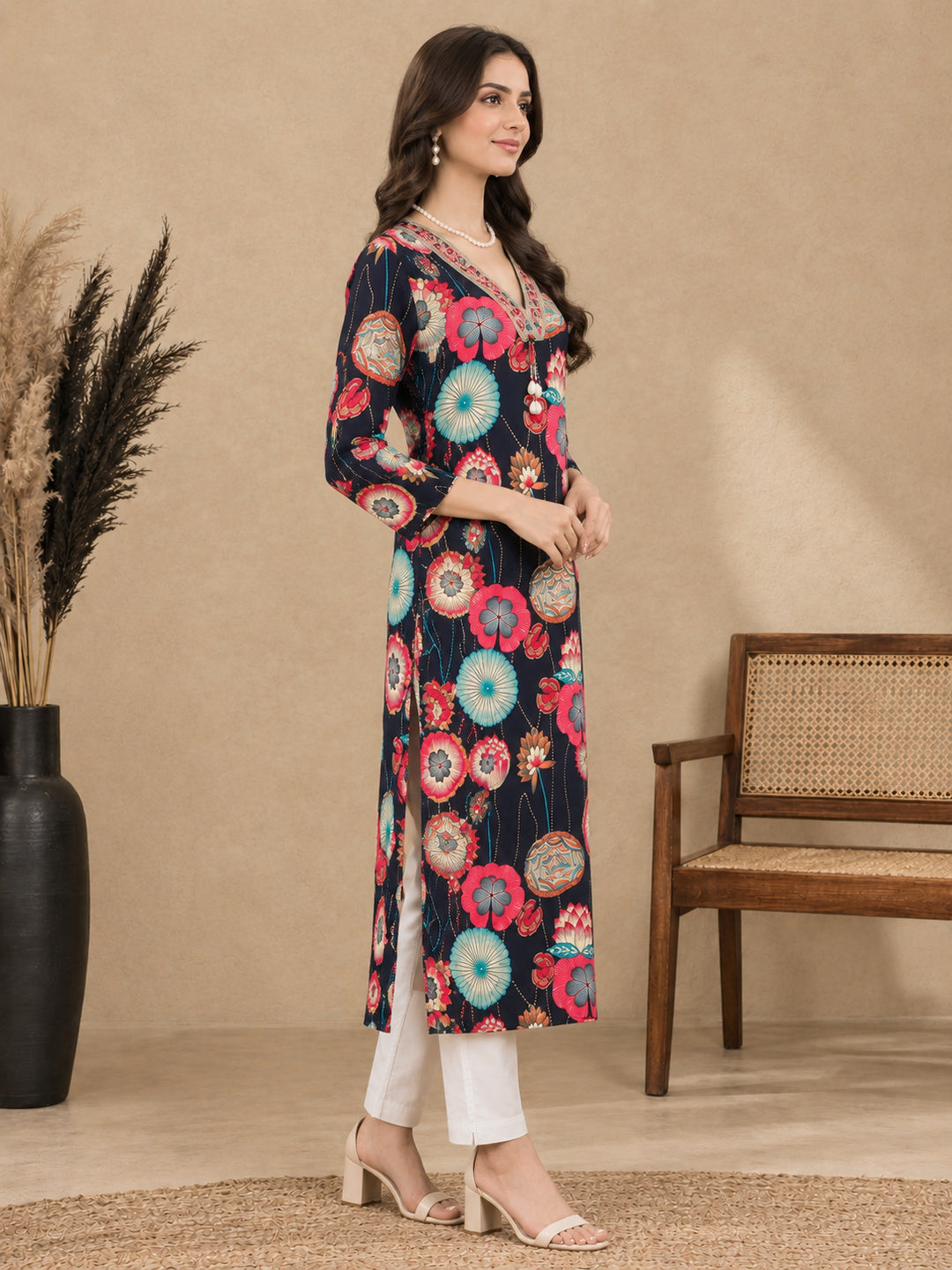 Floral Printed V-Neck Kurti