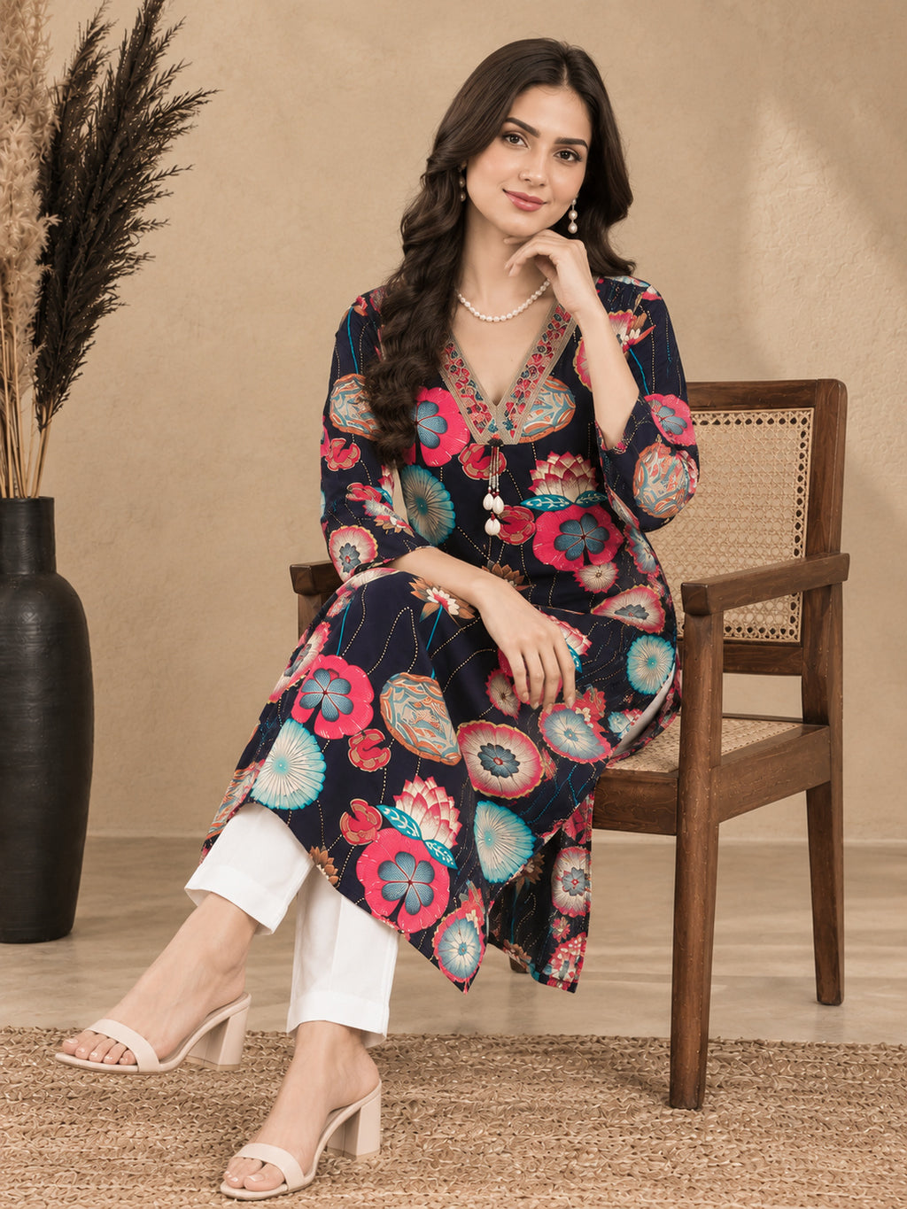 Floral Printed V-Neck Kurti