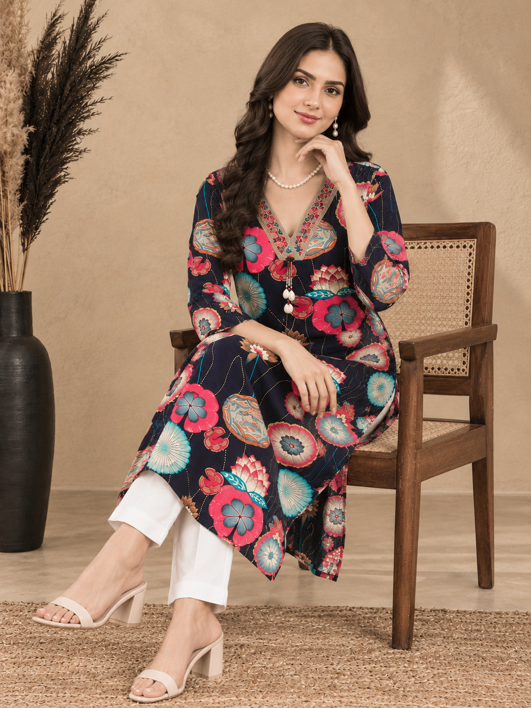 Floral Printed V-Neck Kurti