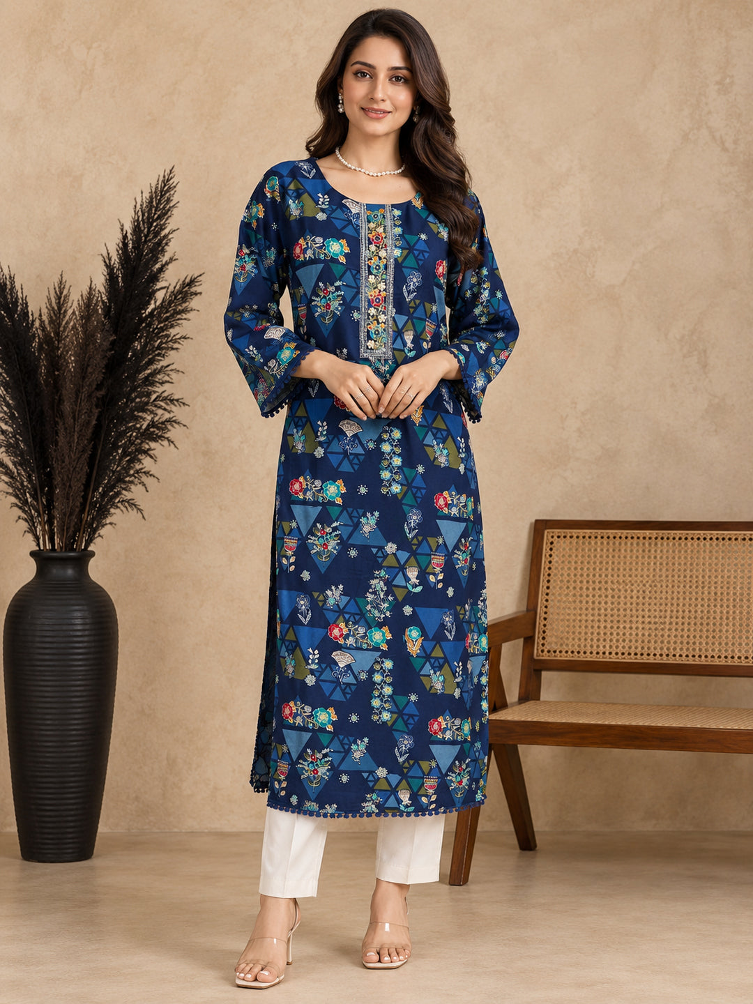 Floral Printed Thread Work Thread Work Kurti