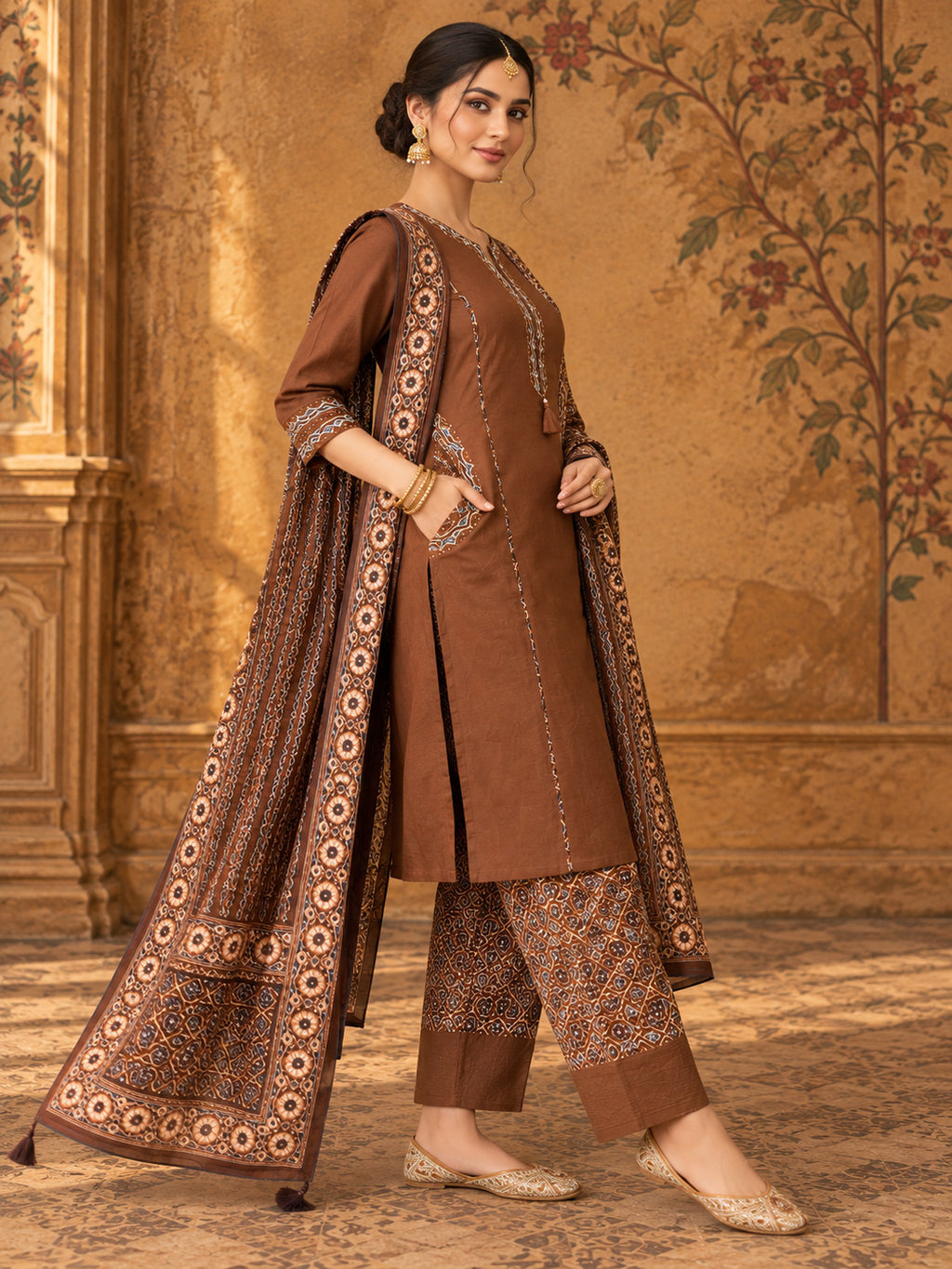 Women Ethnic Motifs Embroidered Regular Pure Cotton Kurta with Trousers & With Dupatta