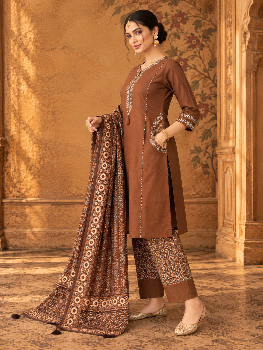 Women Ethnic Motifs Embroidered Regular Pure Cotton Kurta with Trousers & With Dupatta